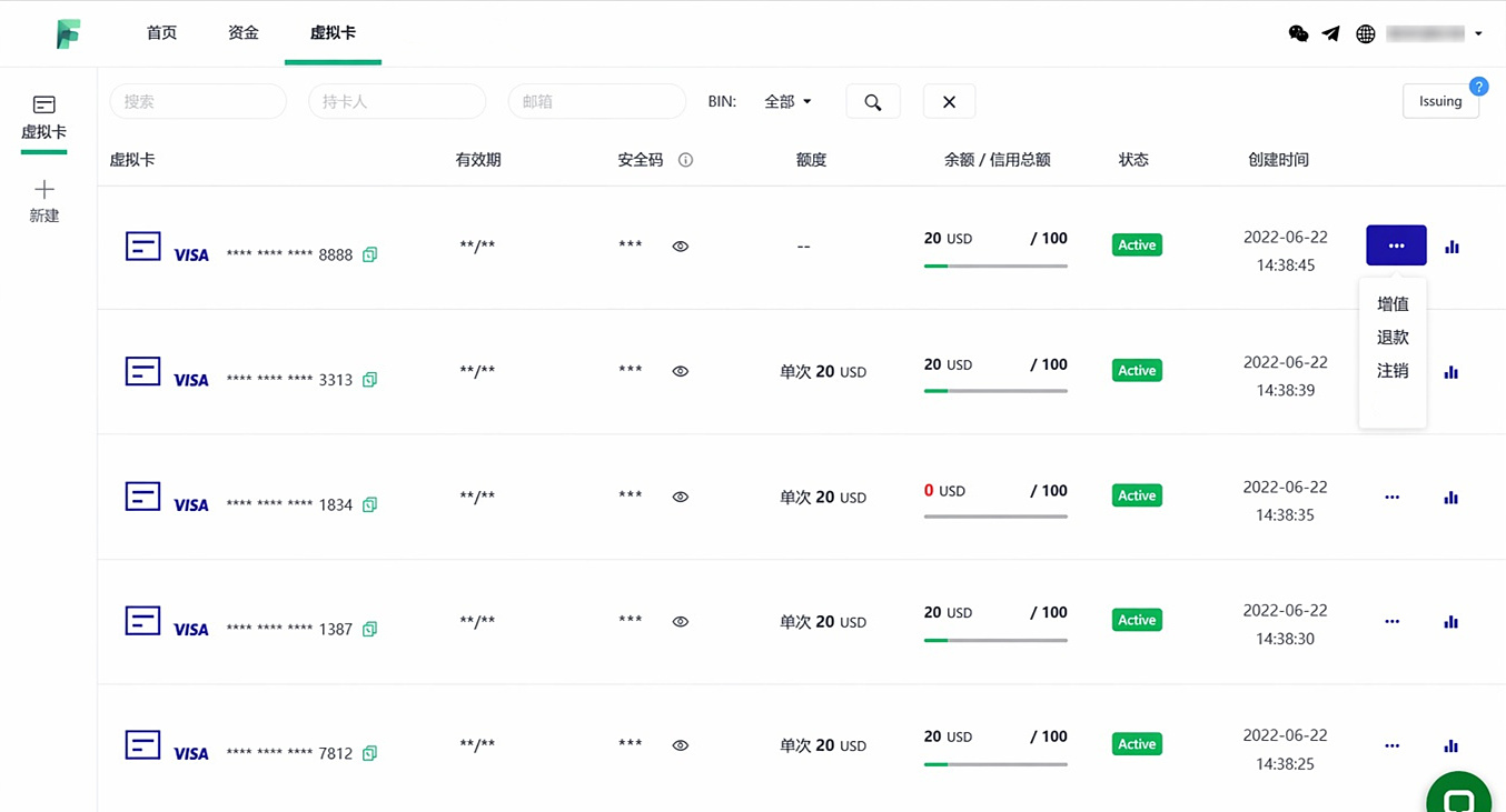 富通虚拟信用卡平台界面展示